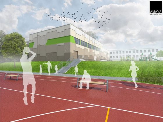 Wizualizacje nowej sali gimnastycznej -Plansza z nową salą gimnastyczną i boiskiem - fot. AMAYA Architekci Agnieszka i Bartosz Majewscy