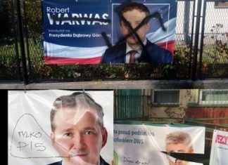 Zniszczone materiały wyborcze – fot. Marek Węgrzynowicz/Facebook, Edward Bober/Facebook, Dąbrowa Górnicza News/Facebook