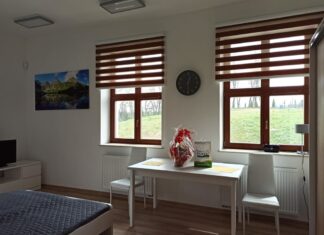 mieszkanie, pokój stół, krzesła, okno, zegar, obraz, pomieszczenie, aranżacja