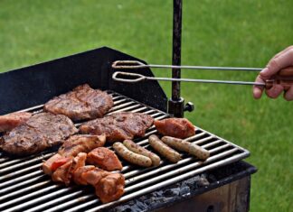 grill, mięso, kiełbaski, trawa, odpoczynek