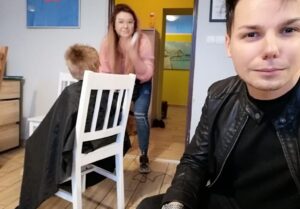 drzwi, ściana, radny, dziecko, fryzjer