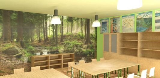 zielona pracownia, nauka, przyroda, sala, edukacja, las, aranżacja, meble