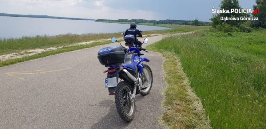 policja, zbiornik wodny, patrol, rower, motocykl