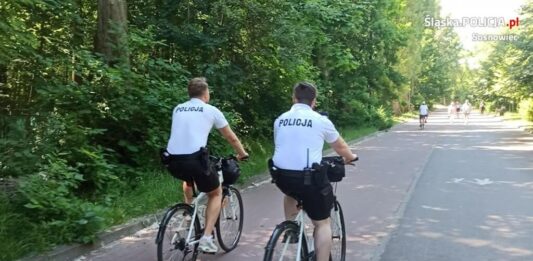 policja, rower, park, ścieżka